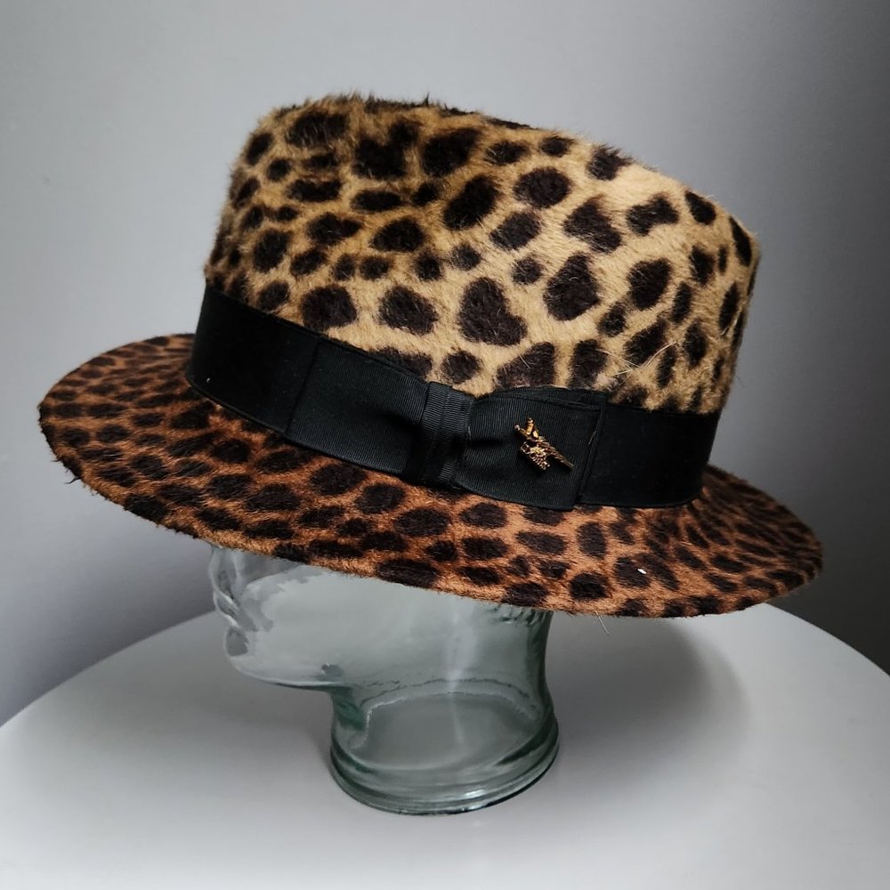 Vintage Men's 1990s Deion by Dobbs Fuzzy Leopard Print Fedora with Original Tags